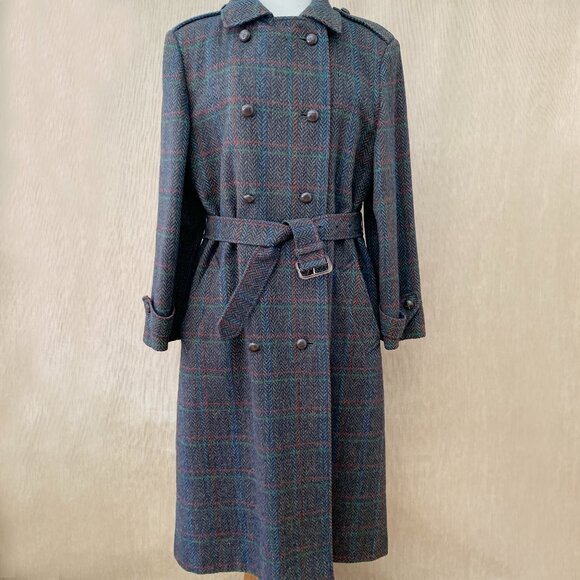 Vintage Aquascutum Trench Coat | Pure Virgin Wool Herringbone Plaid - Picture 1 of 14